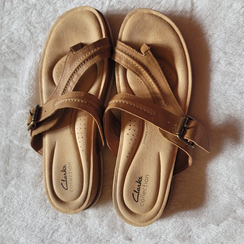 Clarks Women's Tan Leather Slide Sandals